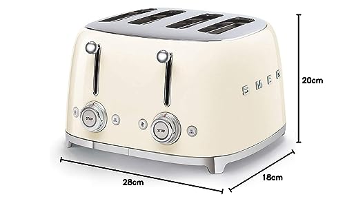 Smeg TSF03CREU 4-Scheiben Toaster, 6 Bräunungsstufen, Aufwärm-, Abtau- & Bagel-Funktion, Krümelschublade, 2000W, Creme
