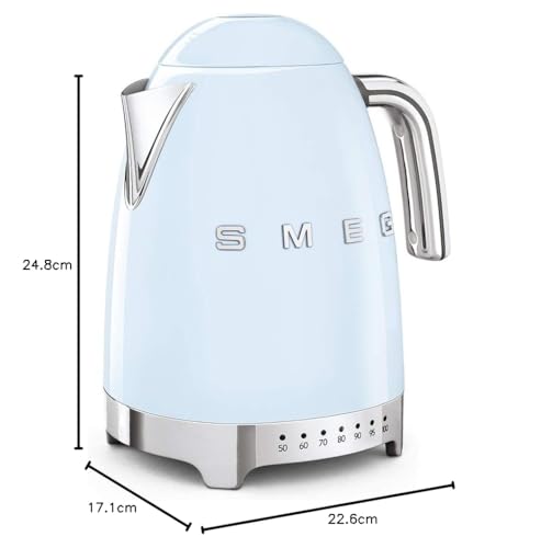Smeg KLF04PBEU Wasserkocher 1,7L, Temperaturregelung, Anti-Kalkfilter, Wasserstandsanzeige, 2400W, Pastellblau