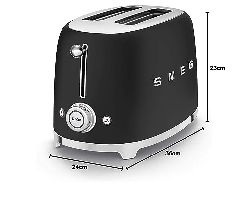 Smeg TSF01BLMEU Toaster 2-Scheiben, 6 Bräunungsstufen, Heiz-, Abtau- & Bagel-Funktion, Krümelschublade, 950W, Mattschwarz
