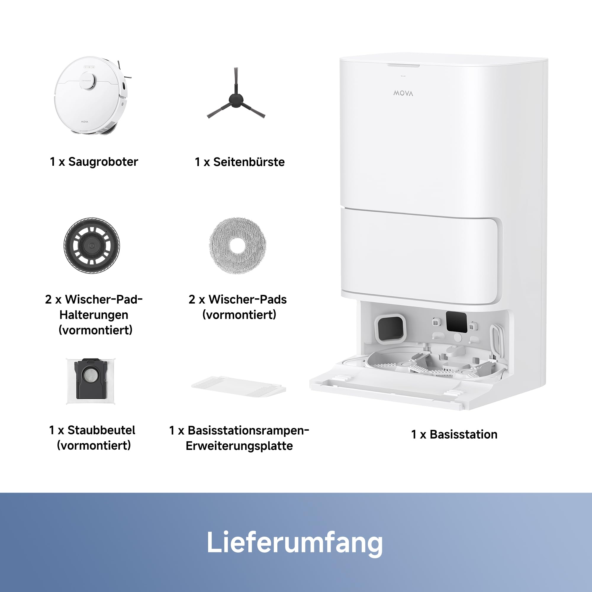 Mova E30 Ultra Saug- & Wischroboter, 7.000Pa, Auto-Entleerung, Selbstreinigender Wischer, 10,5 mm Wischeranhebung, Ultraschall-Teppicherkennung