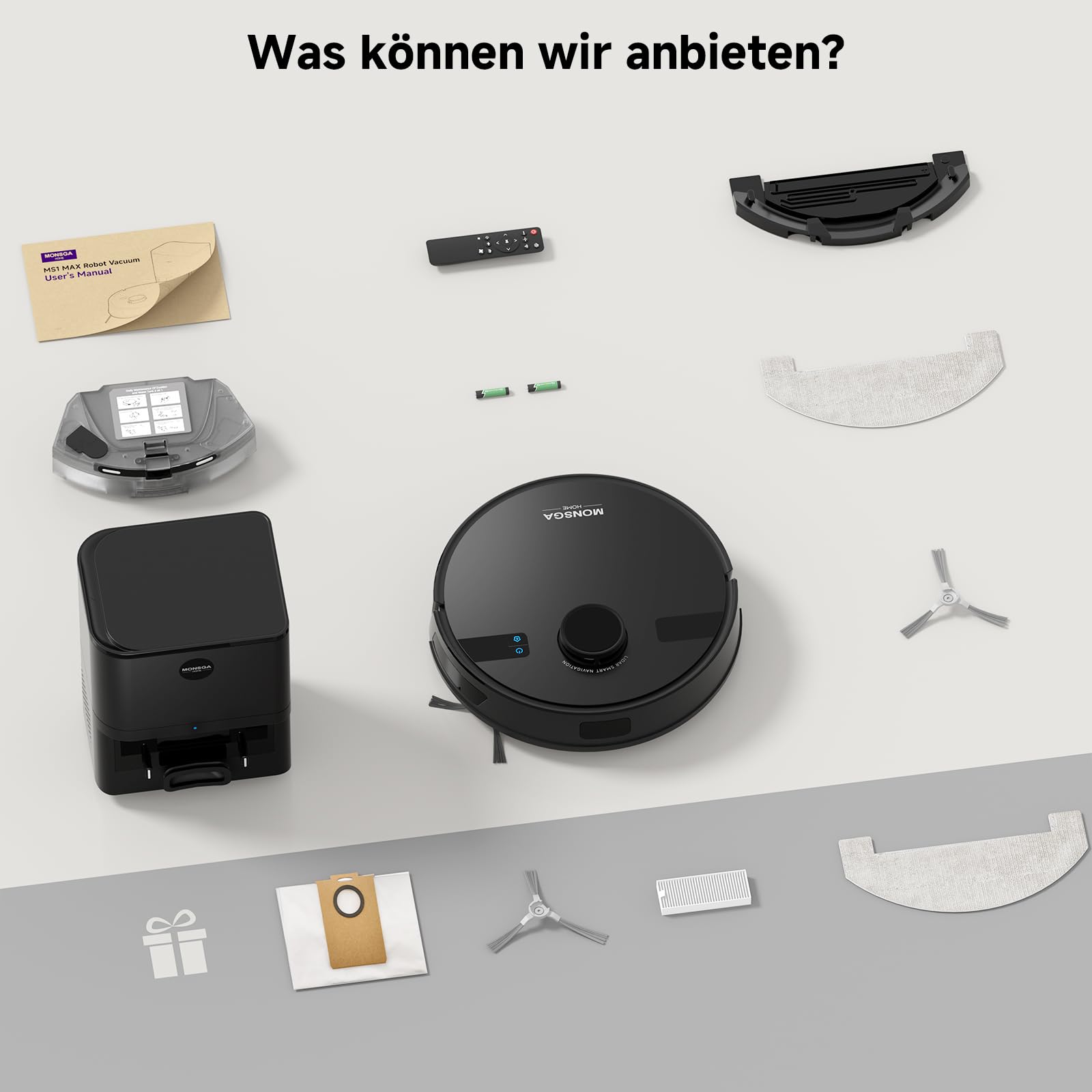 MONSGA Saugroboter mit Wischfunktion, 5000Pa, 180 Min Laufzeit, 3,5L Absaugstation, LiDAR-Navigation, ideal für Teppiche & Tierhaare