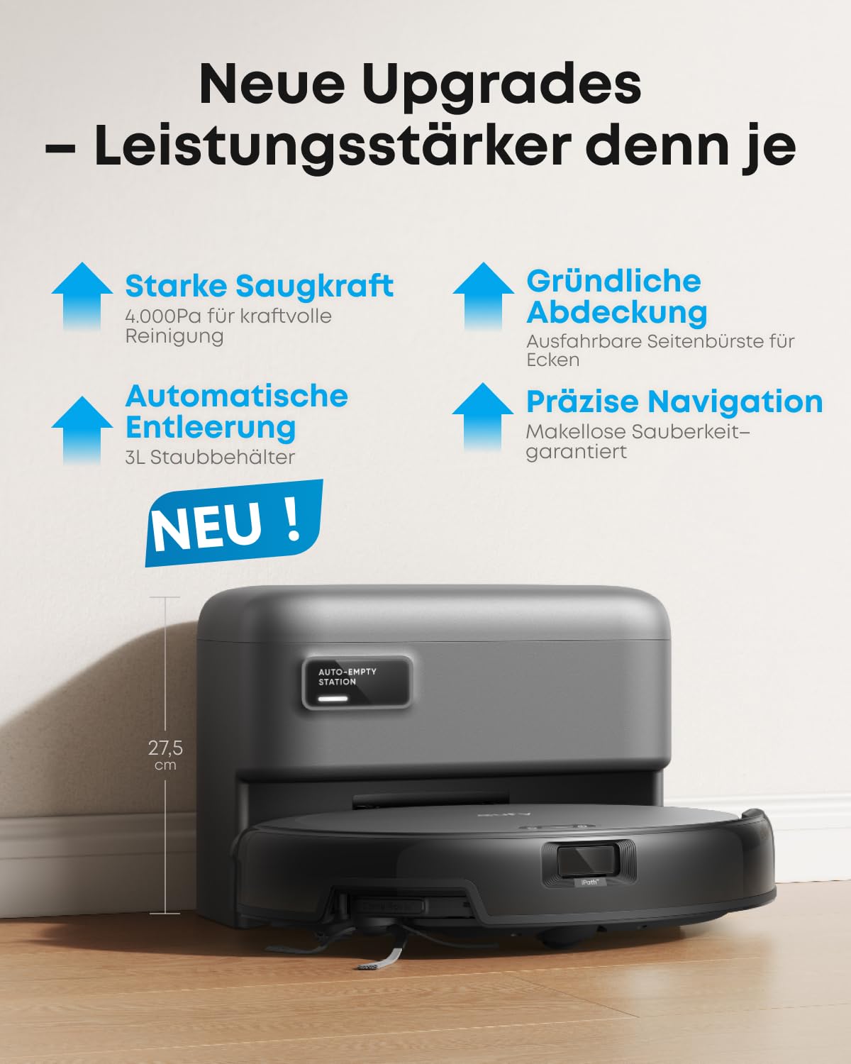 eufy C10 Saugroboter, 7,3 cm flach, 2500Pa, mit Absaugstation, Teppich-Boost, ausfahrbare Seitenbürste, Punktlaser- & Infrarot-Navigation