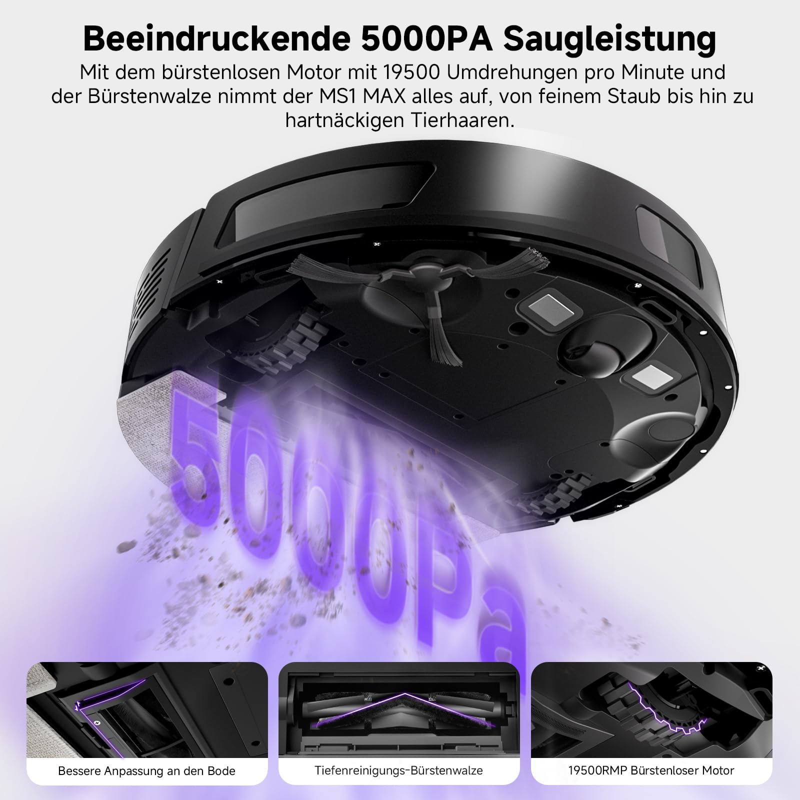 MONSGA Saugroboter mit Wischfunktion, 5000Pa, 180 Min Laufzeit, 3,5L Absaugstation, LiDAR-Navigation, ideal für Teppiche & Tierhaare