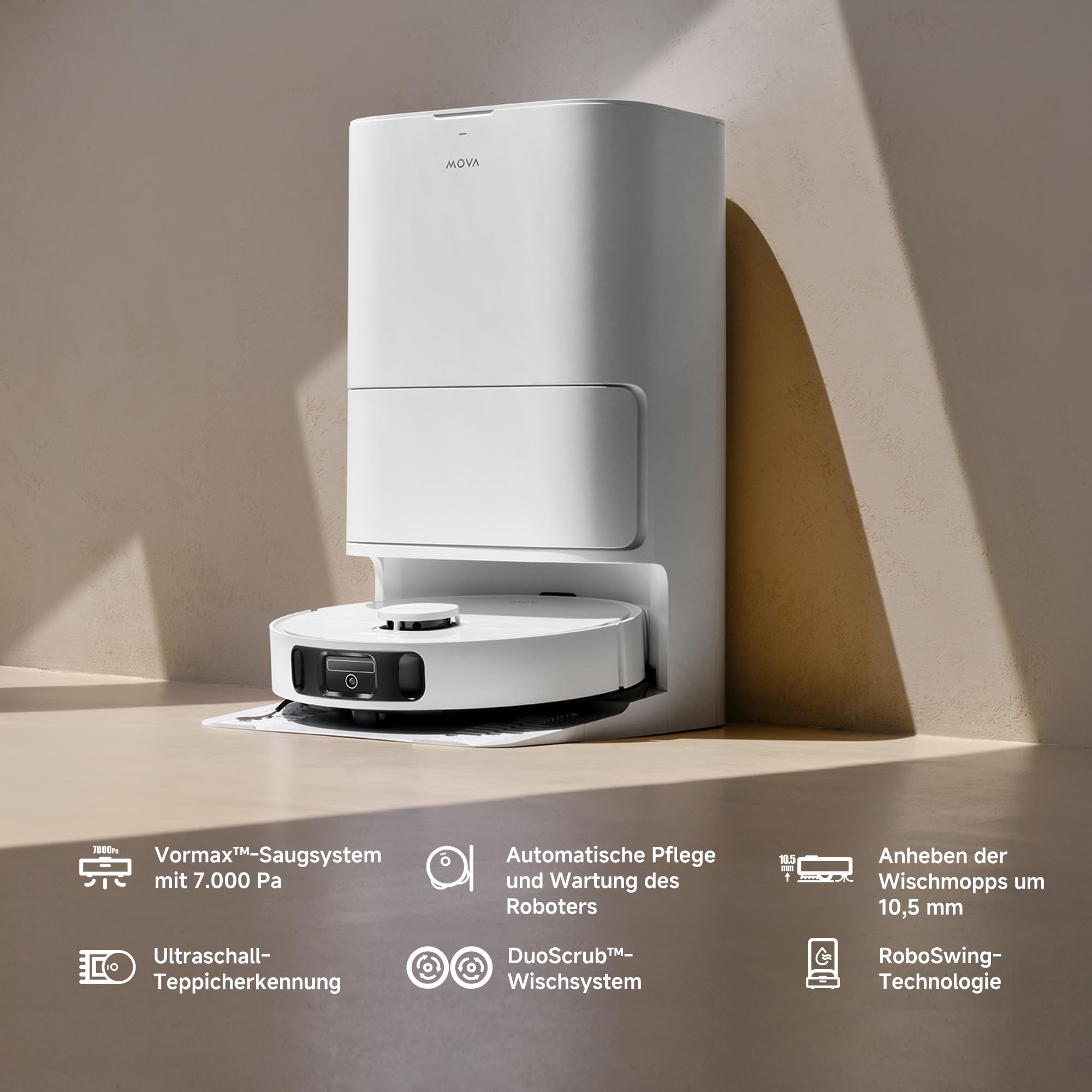 Mova E30 Ultra Saug- & Wischroboter, 7.000Pa, Auto-Entleerung, Selbstreinigender Wischer, 10,5 mm Wischeranhebung, Ultraschall-Teppicherkennung