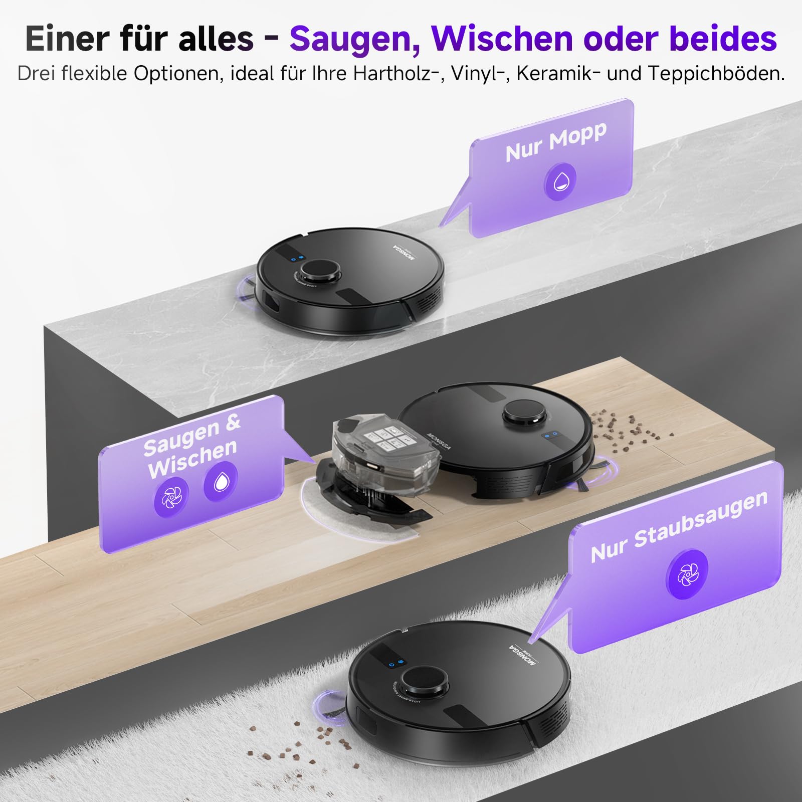 MONSGA Saugroboter mit Wischfunktion, 5000Pa, 180 Min Laufzeit, 3,5L Absaugstation, LiDAR-Navigation, ideal für Teppiche & Tierhaare