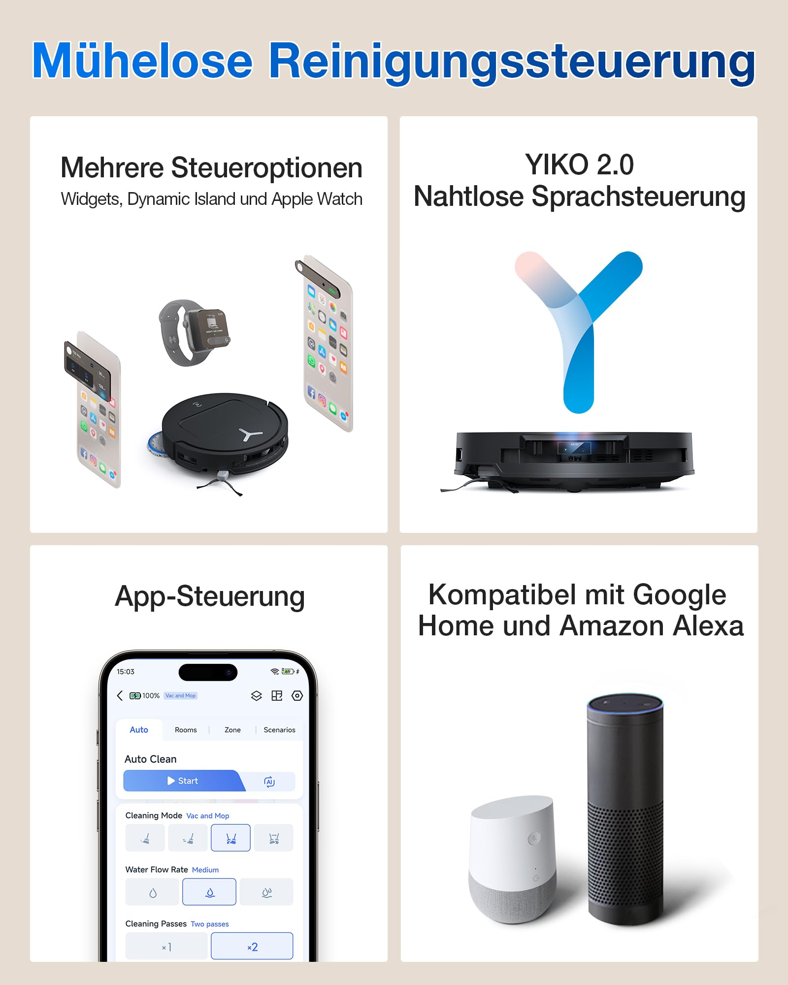 ECOVACS DEEBOT T50 Omni Saugroboter, 15.000Pa, Wischfunktion, ZeroTangle 2.0, ausziehbare Bürste & Mopp, 75°C Heißwasser-Moppwäsche