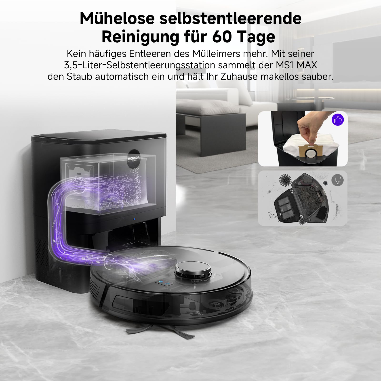 MONSGA Saugroboter mit Wischfunktion, 5000Pa, 180 Min Laufzeit, 3,5L Absaugstation, LiDAR-Navigation, ideal für Teppiche & Tierhaare