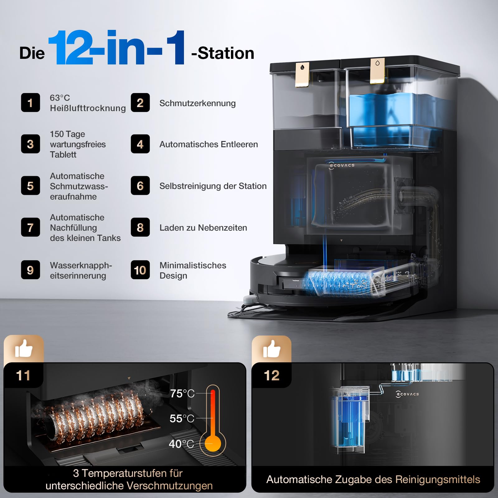 ECOVACS DEEBOT X8 PRO Omni Saugroboter mit Wischfunktion, 18.000Pa, OZMO Roller, 12-in-1 Station, Heißwasser-Moppreinigung 40–75 °C, YIKO-GPT