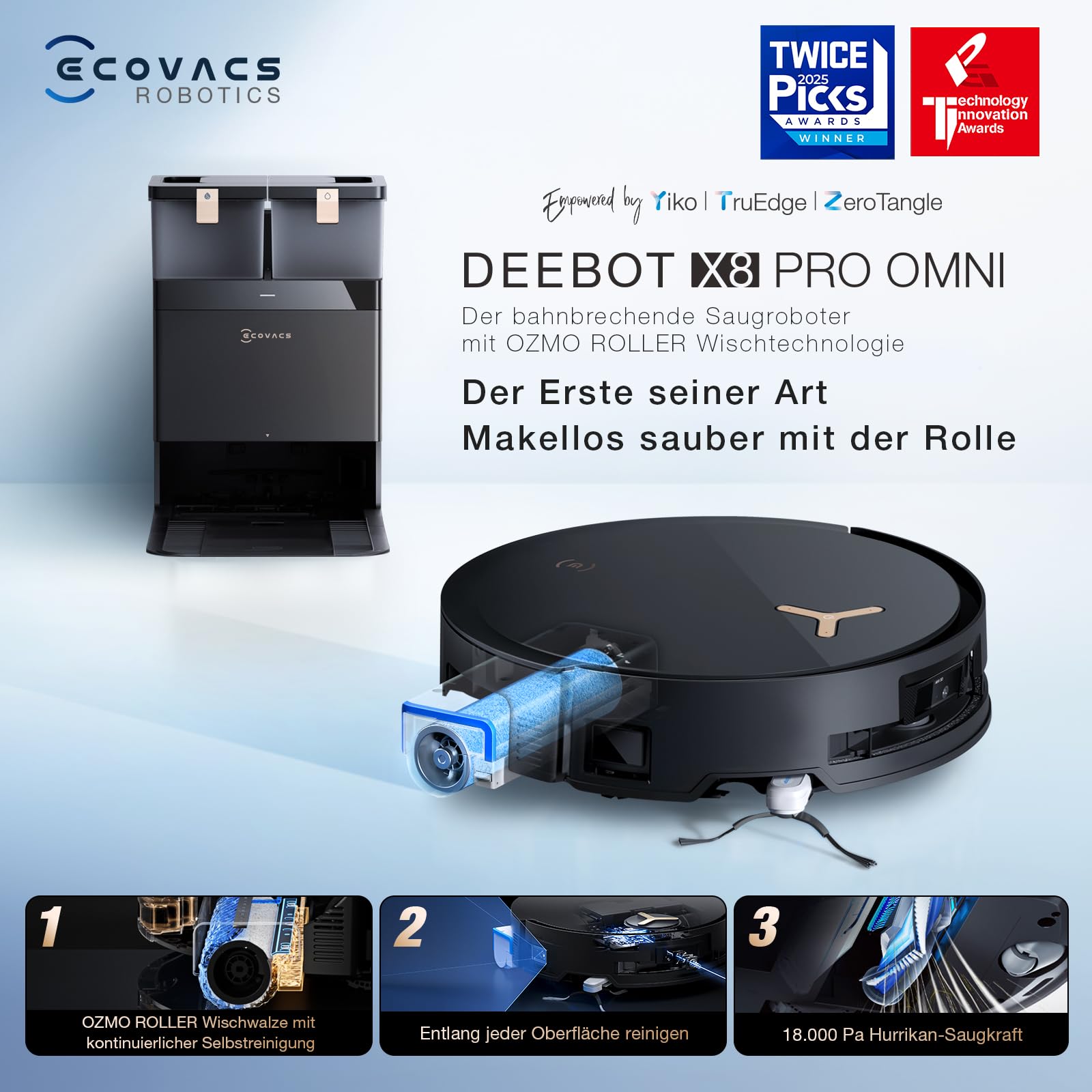 ECOVACS DEEBOT X8 PRO Omni Saugroboter mit Wischfunktion, 18.000Pa, OZMO Roller, 12-in-1 Station, Heißwasser-Moppreinigung 40–75 °C, YIKO-GPT