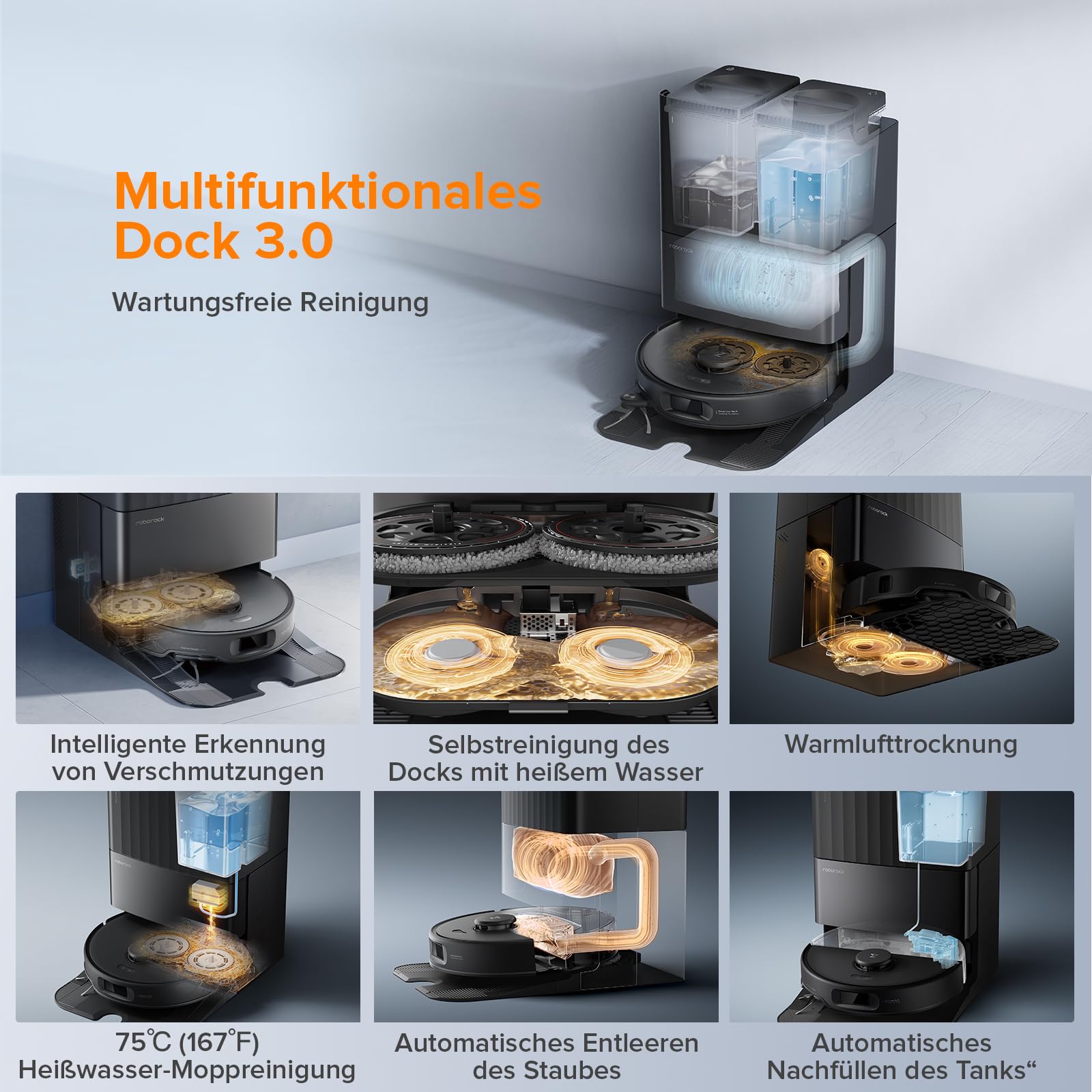 roborock Qrevo Edge S5A Saugroboter mit Wischfunktion, 18.500Pa, Anti-Tangle, FlexiArm Kantenreinigung, Hebemopp, 75 °C Heißwasser-Moppwäsche