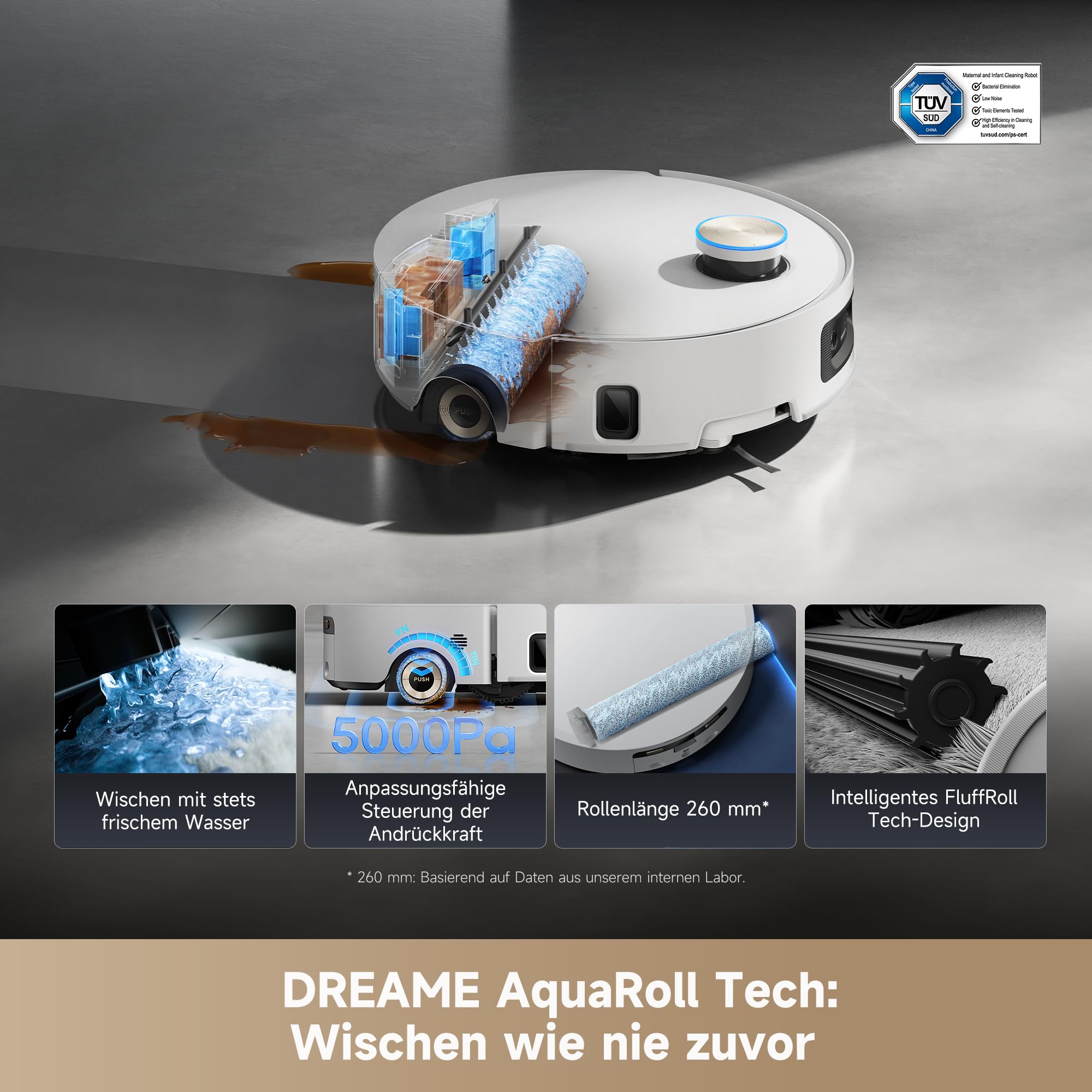dreame Aqua10 Ultra Roller Saugroboter mit Wischfunktion, 30.000Pa, 8 cm Hindernisfreiheit, Selbstreinigung, Auto-Entleerung, Sprachsteuerung