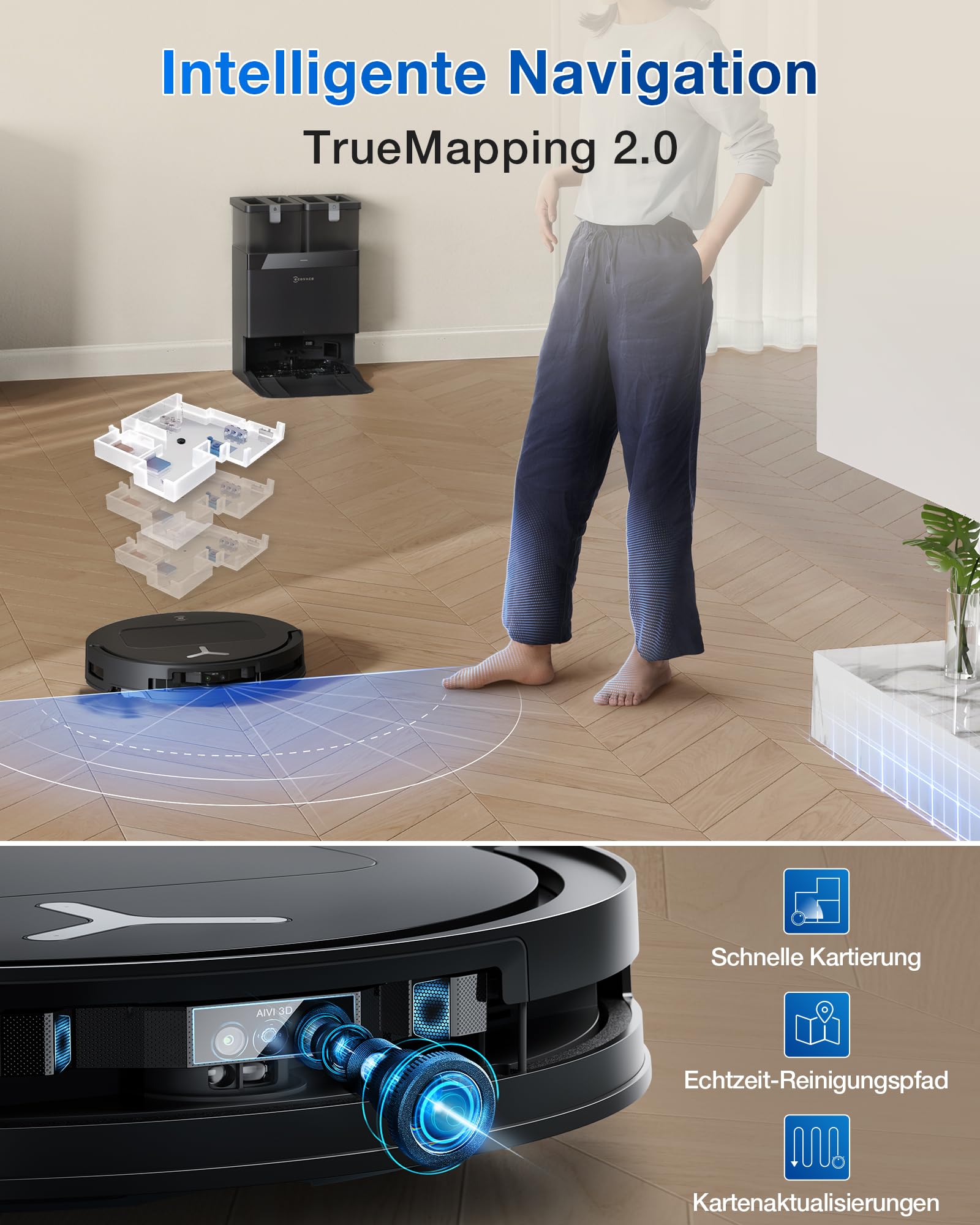 ECOVACS DEEBOT T50 Omni Saugroboter, 15.000Pa, Wischfunktion, ZeroTangle 2.0, ausziehbare Bürste & Mopp, 75°C Heißwasser-Moppwäsche