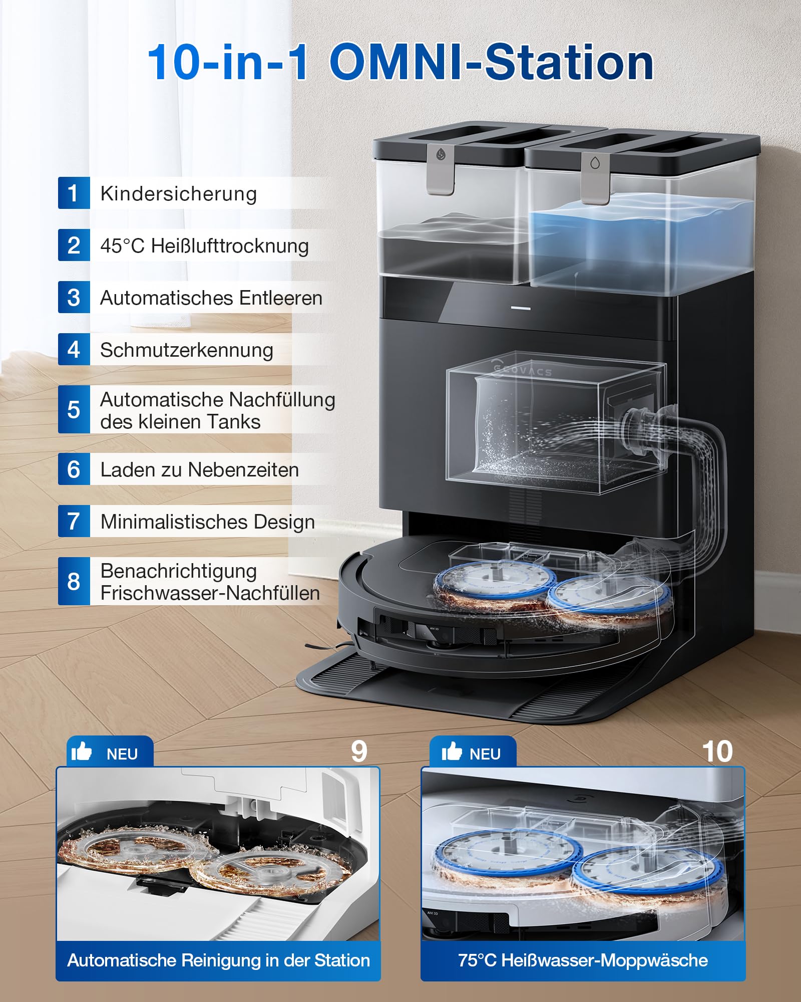 ECOVACS DEEBOT T50 Omni Saugroboter, 15.000Pa, Wischfunktion, ZeroTangle 2.0, ausziehbare Bürste & Mopp, 75°C Heißwasser-Moppwäsche